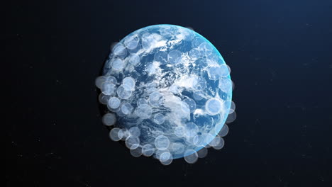 globo de iconos digitales contra el globo giratorio sobre fondo azul