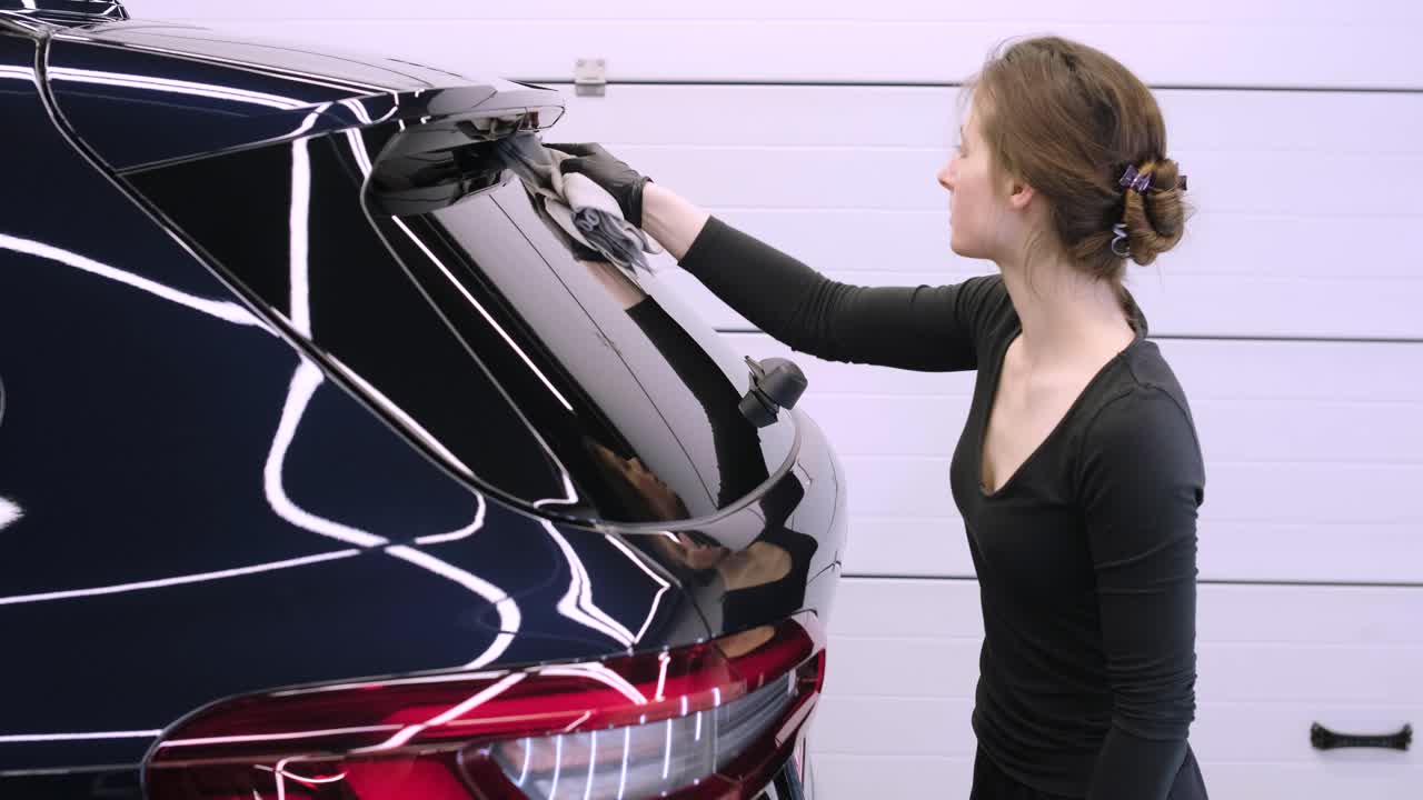 профессиональный автомойка в черных перчатках вытирает машину после мытья и облицовки керамики. концепции: профессиональная работа, различные инструменты для стирки, очистка, чтобы блестеть.