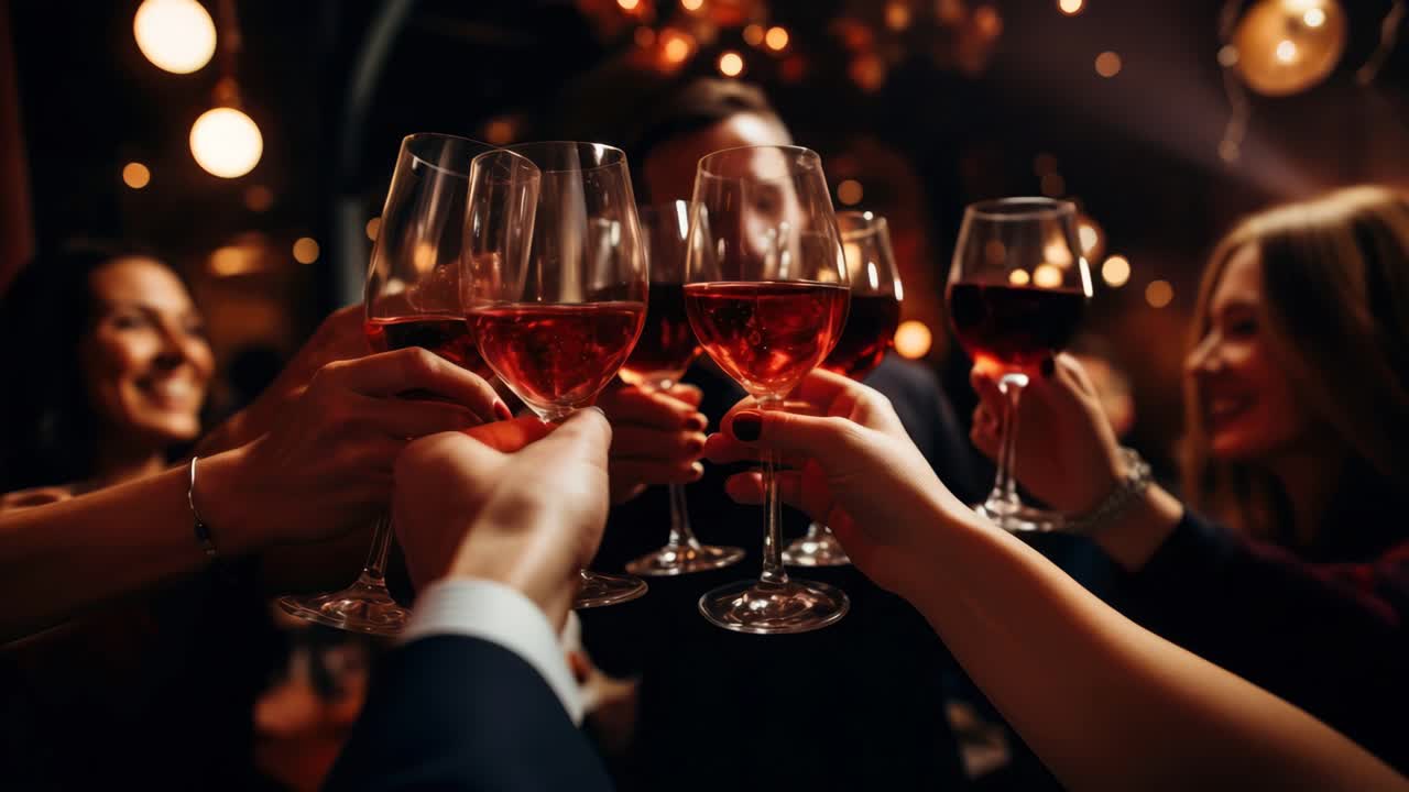 A celebratory video scene with friends toasting red wine. Captured from a low angle