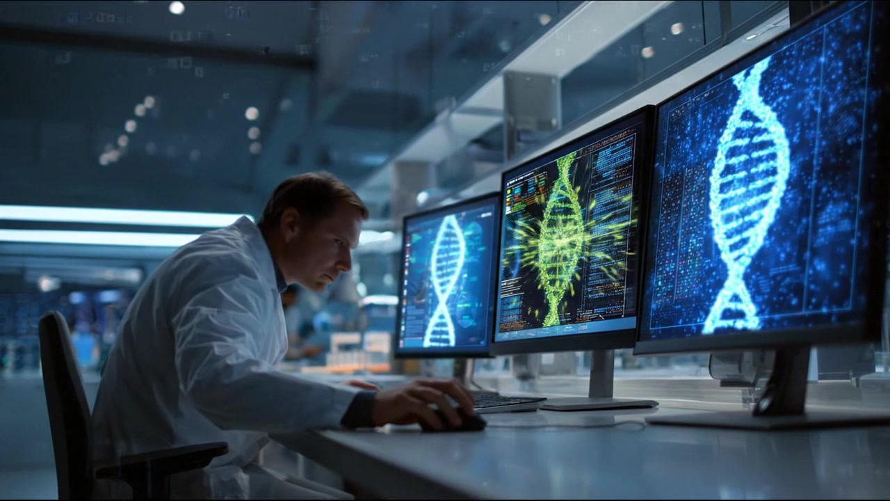 Scienziato che lavora con grandi display diagnostici in un moderno laboratorio di ricerca