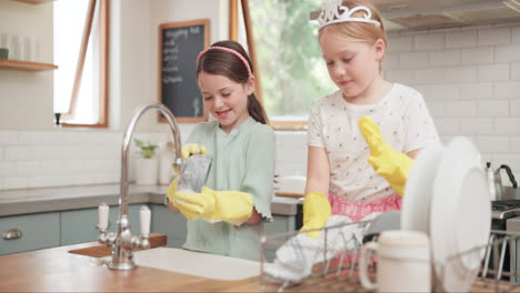 children, learning and cleaning dishes in kitchen