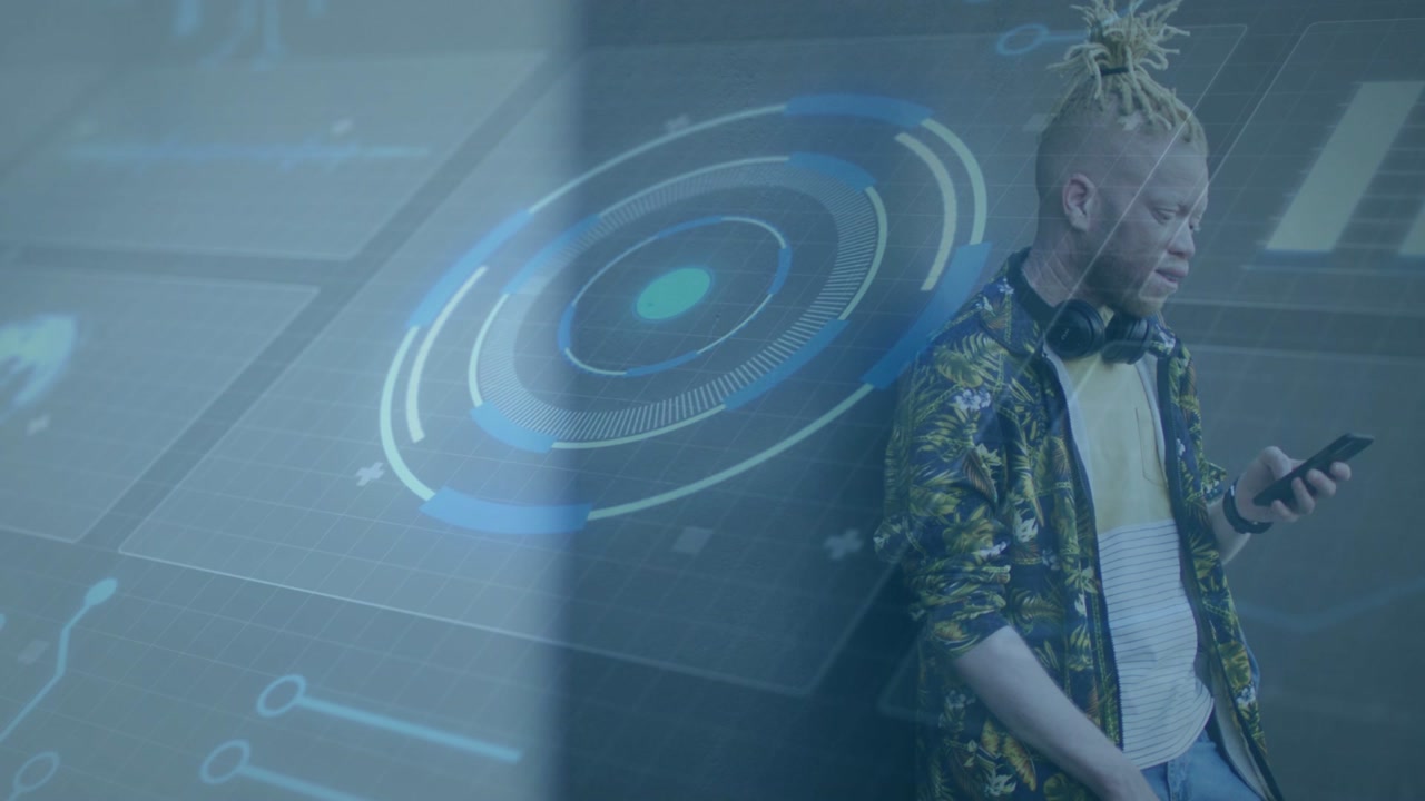 Young Man with Albinism Using Smartphone with Digital Technology Overlay