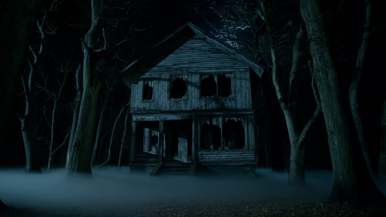 Abandoned Haunted House in a Misty Forest at Night