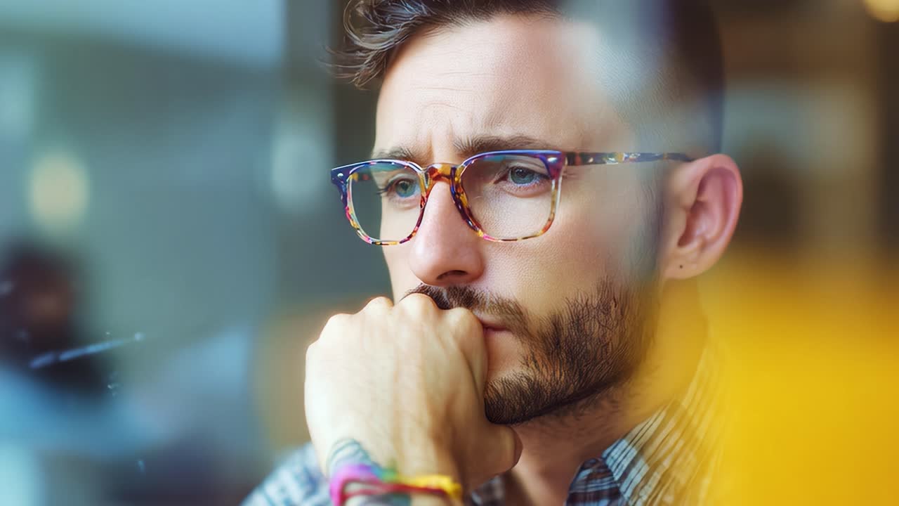 Pensive Man in Colorful Glasses Reflects Deeply While Lost in Thought, Capturing a Moment of Contemplation and Introspection Amidst a Blurred Background of Everyday Life