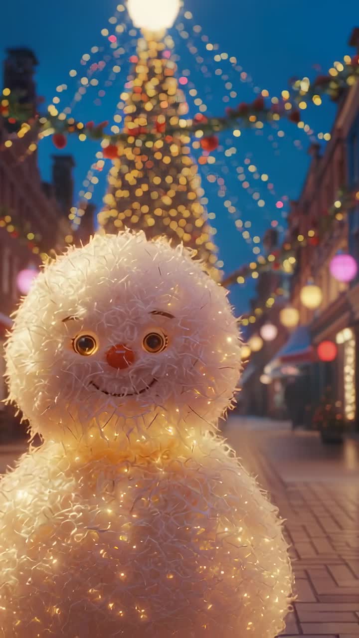 Vertical video: Zooming camera capturing glowing snowman and Christmas tree lights on urban street
