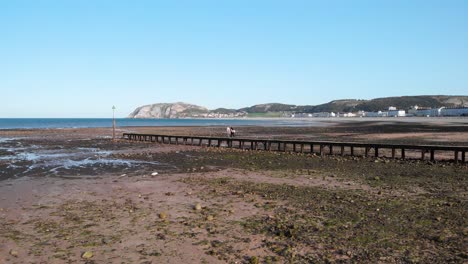 muelle de madera rústica en marea baja con rocas esparcidas en la playa, llandudno, gales