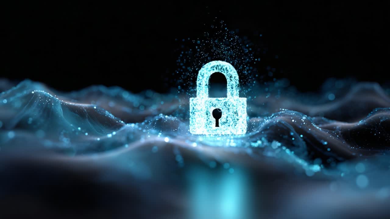 A Stunning Visual of a Glowing Lock Amidst a Dynamic Ocean of Blue Particles, Symbolizing Security and Protection in the Digital Realm