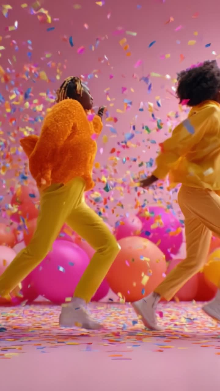Colorful Celebration: Two Friends Dance Joyfully Amidst Confetti and Vibrant Balloons in a Whimsical Setting Filled with Laughter and Fun