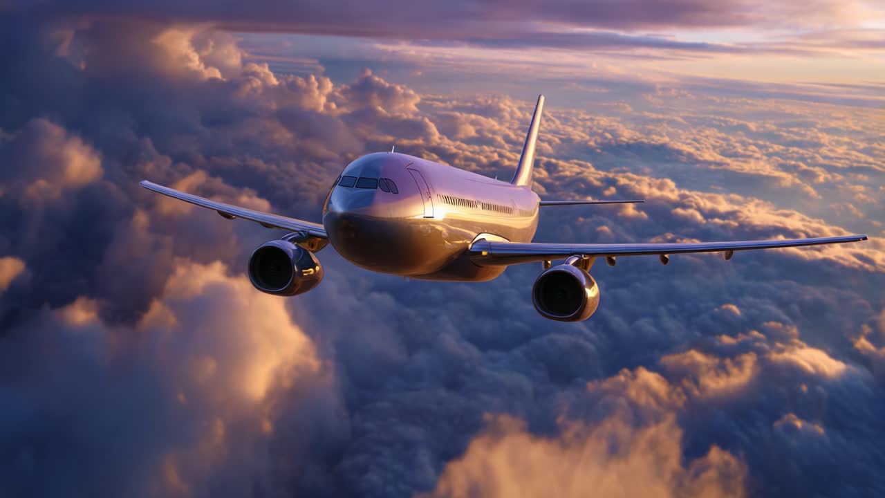 Vista aerea di un aereo moderno che vola attraverso splendide nuvole colorate durante il tramonto, catturando la serenità e la maestosità del viaggio aereo sopra l'orizzonte