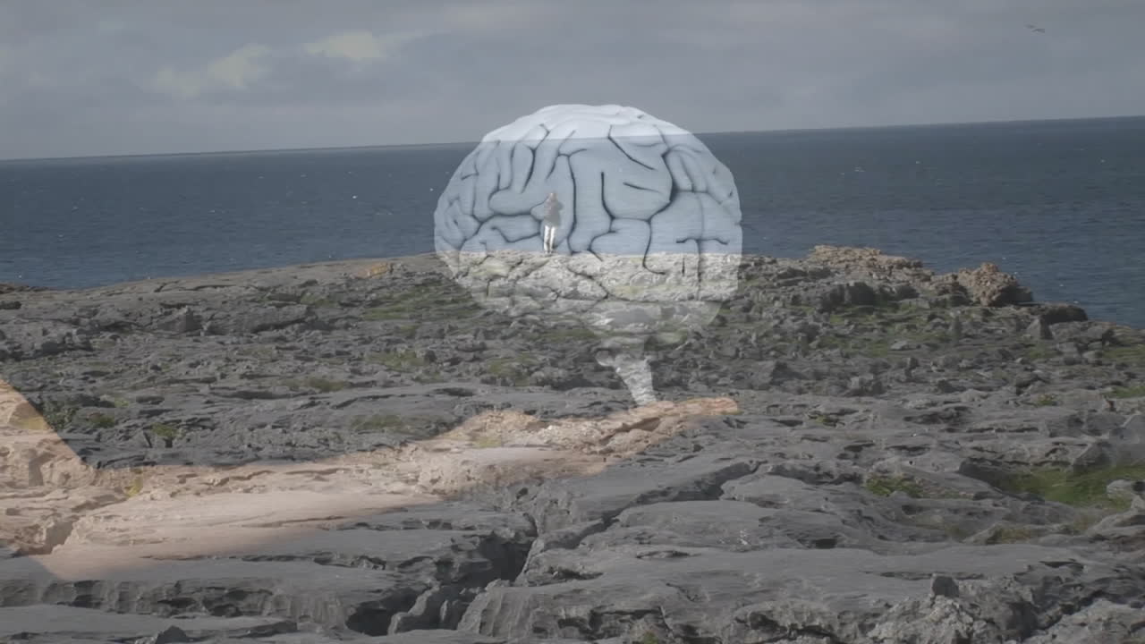 Brain hologram animation over rocky coastal landscape with ocean view
