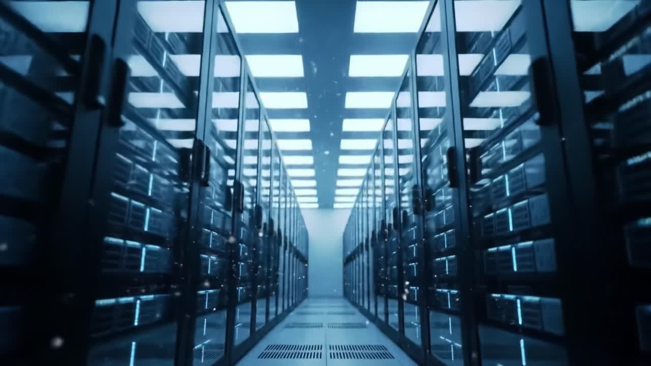 This captivating showcase takes you through a state-of-the-art data center, highlighting rows of servers and advanced technology. Discover the efficiency of modern computing environments.