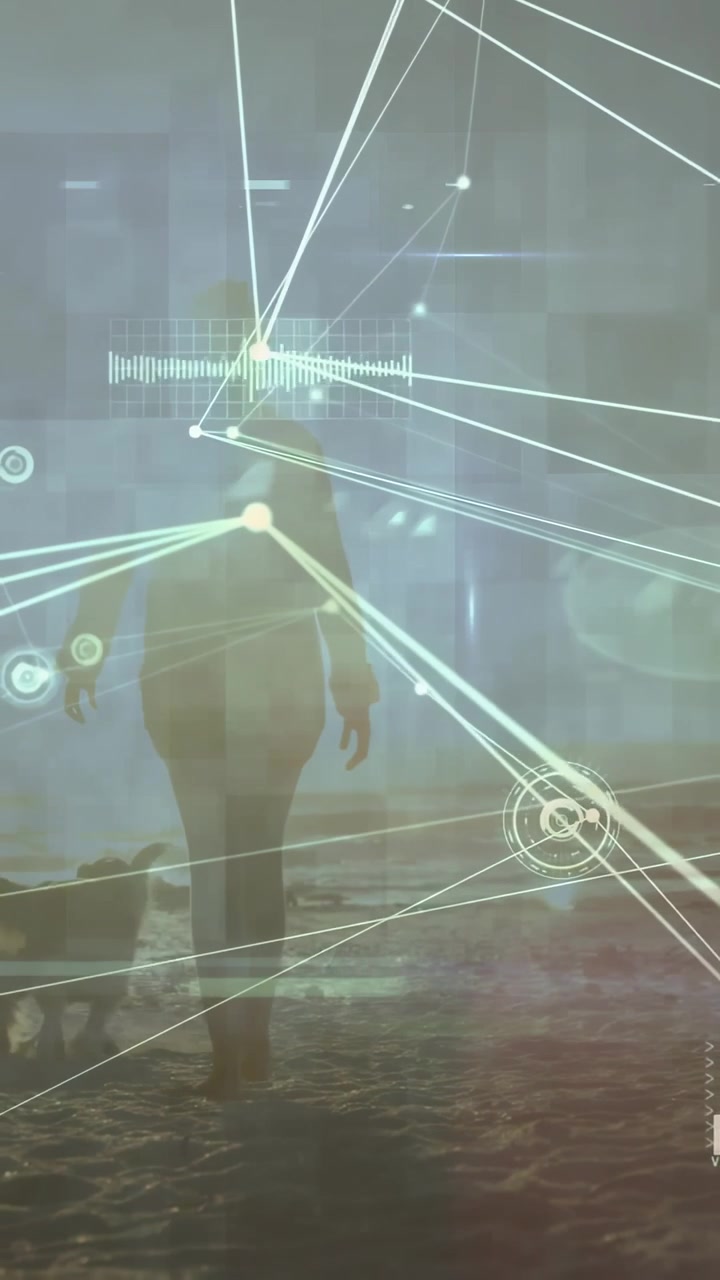 Vertical video: Woman upon glancing at horizon, walking along shore, tech HUD highlighting torso