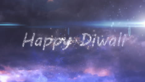 happy diwali text animation with fireworks over starry night sky background