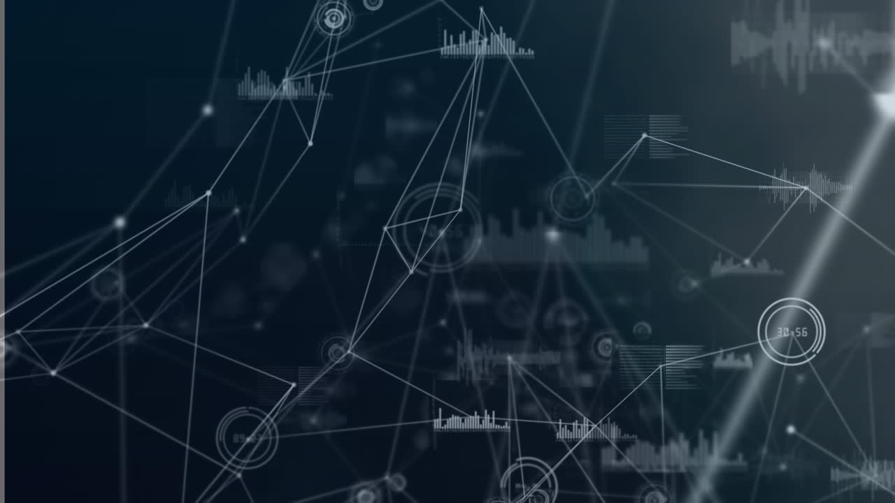 Animation of spinning network of connections and data processing against blue background