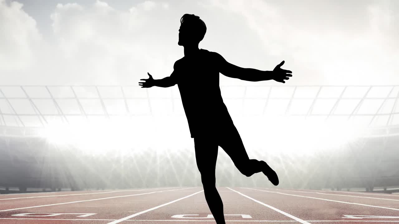 animación de la silueta de un atleta masculino corriendo por la pista de carreras en un estadio deportivo