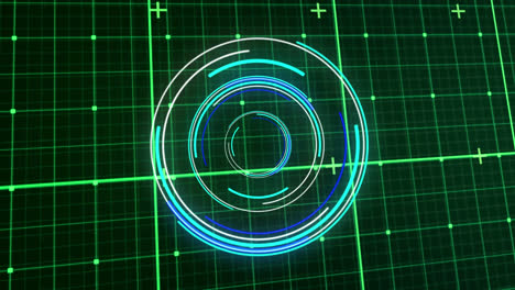 animación de líneas que se mueven en círculos iluminados sobre un patrón de cuadrícula contra un fondo abstracto