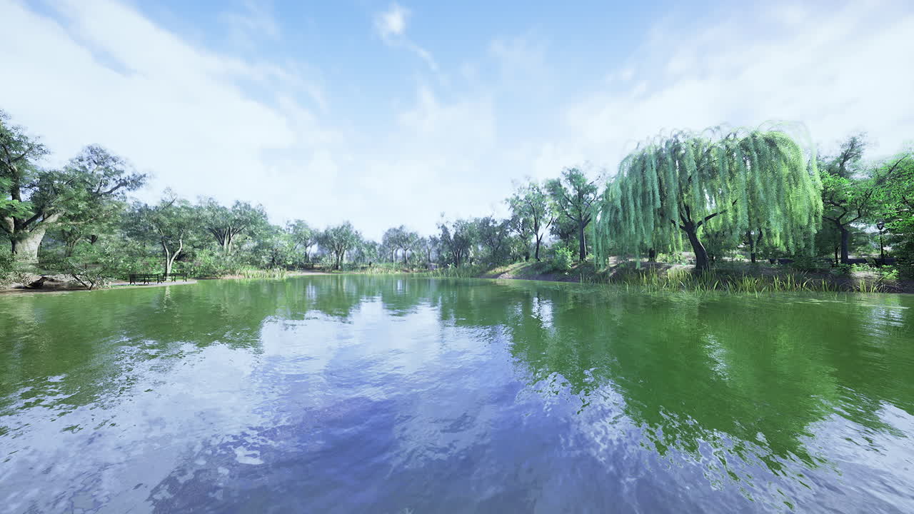 Serene lake surrounded by lush greenery and blue sky in a tranquil setting