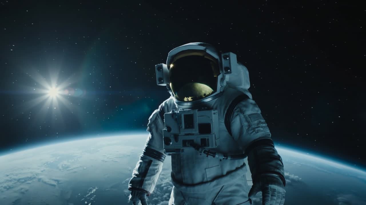 Astronauta flotando con traje espacial, girando y estabilizándose sobre la Tierra, con visera dorada y mochila de traje.