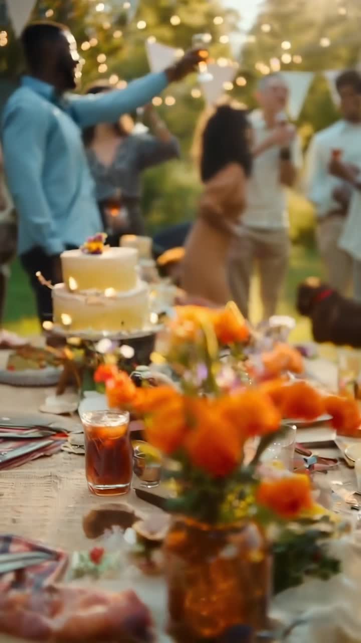 Ripresa video aerea di una tavola festiva imbandita all'aperto con cibo e bevande, un vivace raduno