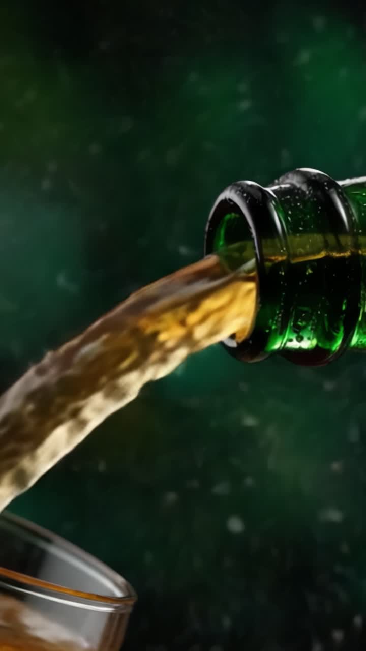 Versamento Rinfrescante: Primo piano del liquido che scorre da una bottiglia verde in un bicchiere, catturando l'essenza dei momenti dissetanti.