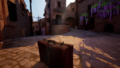 vintage suitcase on a cobblestone street in an old town