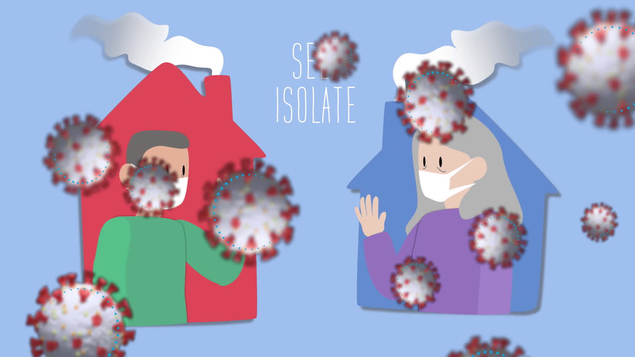 자가 격리 텍스트와 코로나 19 세포 남성과 여성 아이콘에 대해 사회적 거리를 유지합니다.