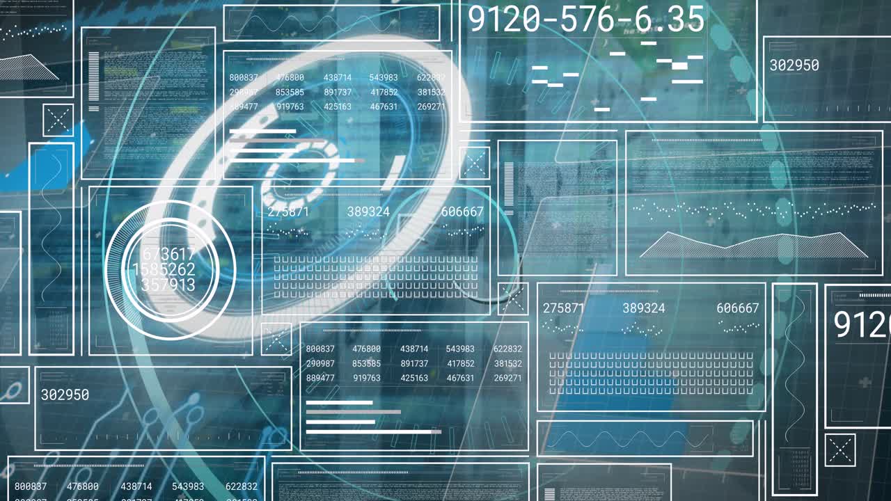 Animation of digital interface with data processing over black background