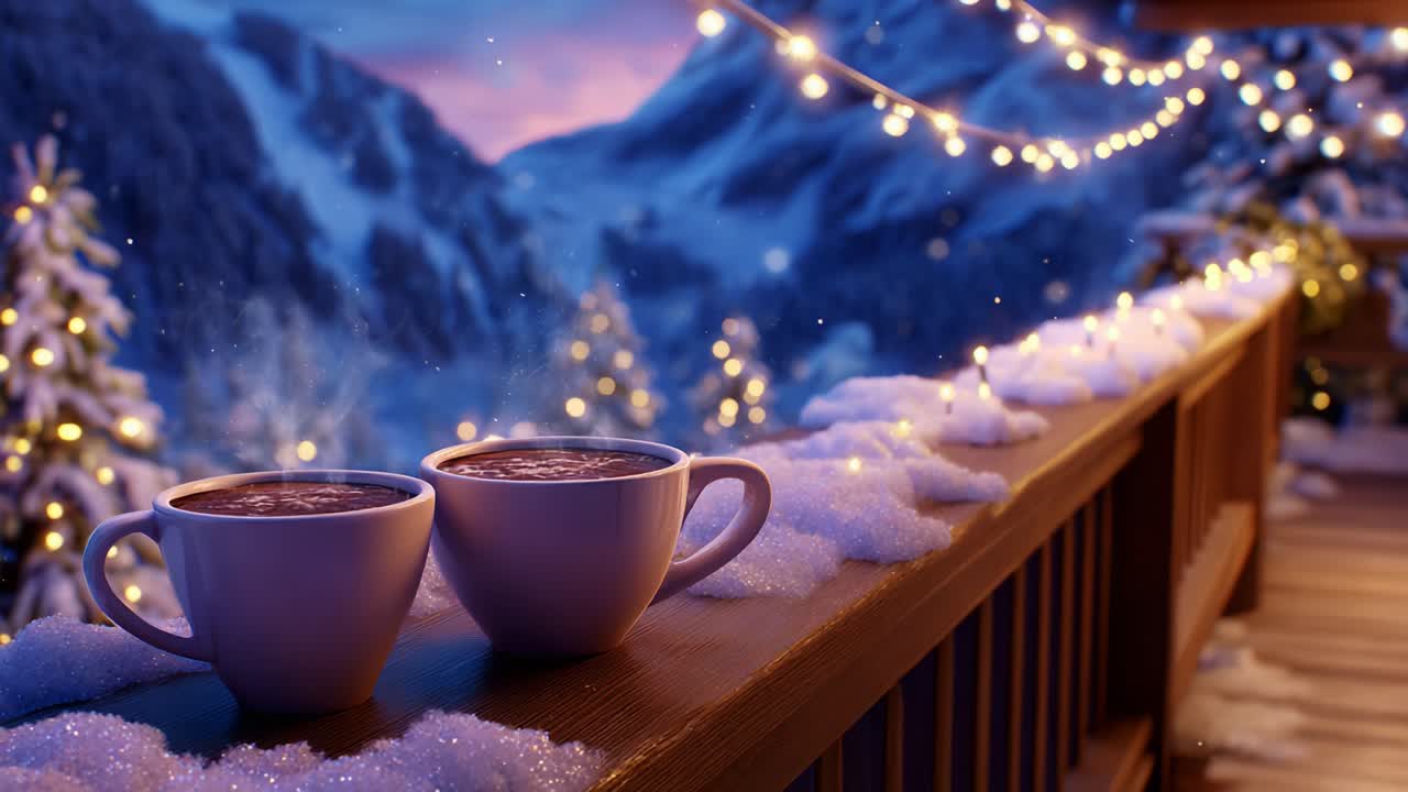 A Cozy Evening with Hot Chocolate: Two Cups Rest on a Frosty Deck Surrounded by Sparkling Fairy Lights, Amidst Snow-Covered Trees and Majestic Mountains at Dusk, Inviting Warmth and Serenity
