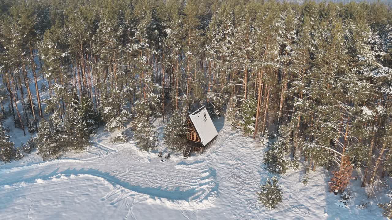 Ripresa cinematografica con drone in discesa che cattura un'accogliente casa sull'albero con struttura ad A, immersa in una foresta di pini incontaminata e innevata vicino a Varēna. Il filmato evidenzia il fascino architettonico della baita.