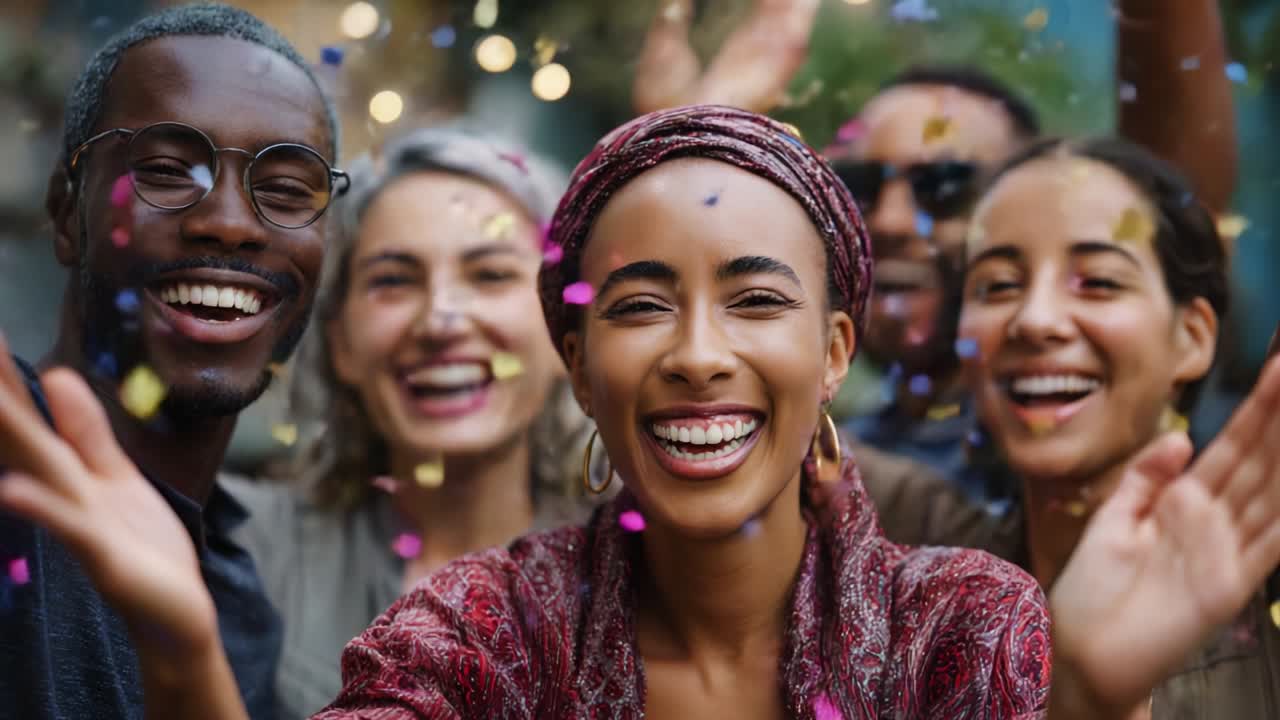 A vibrant celebration captured in two frames, showcasing a joyful group of friends embracing the moment with laughter and confetti, radiating happiness and connection in their expressions