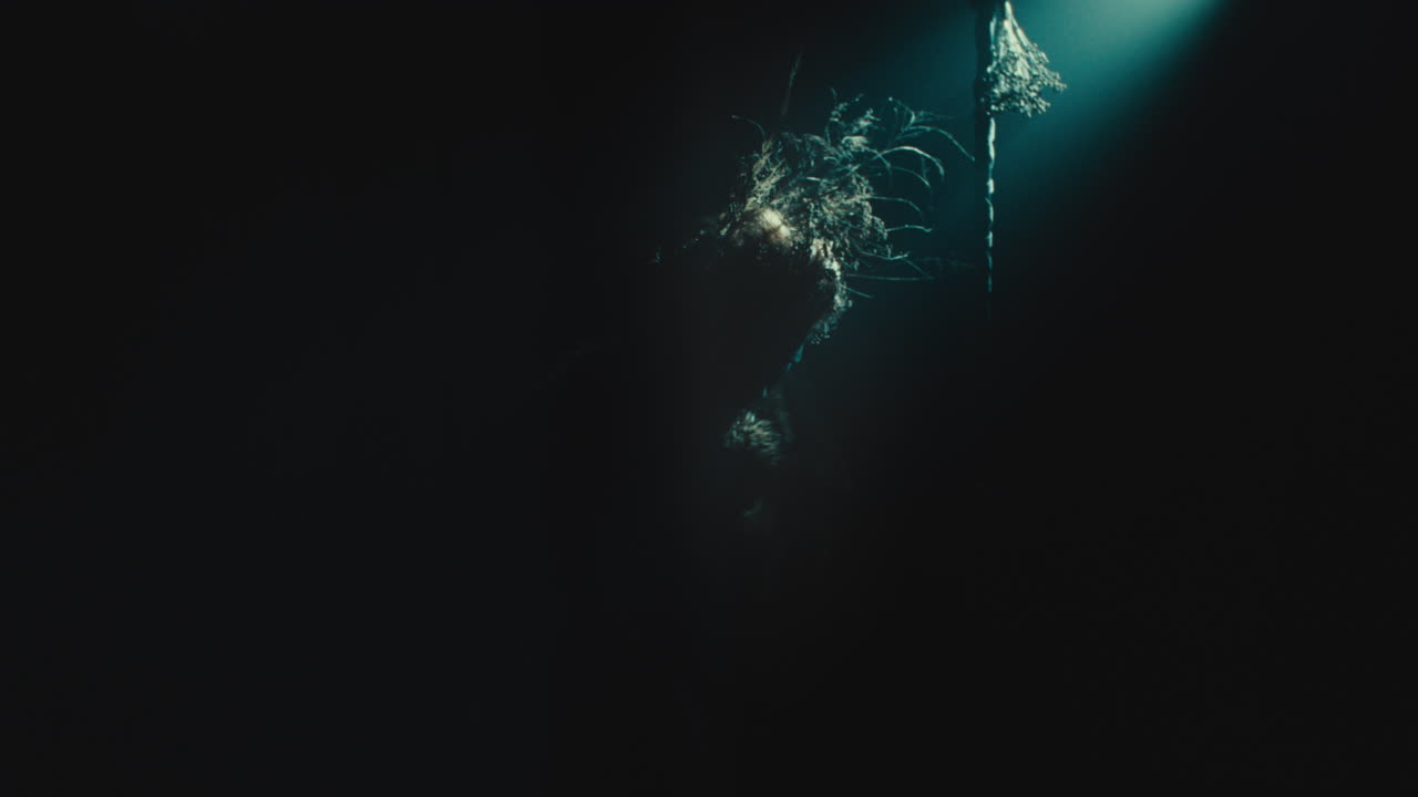 A creepy witch stands in the moody pose during the night storm