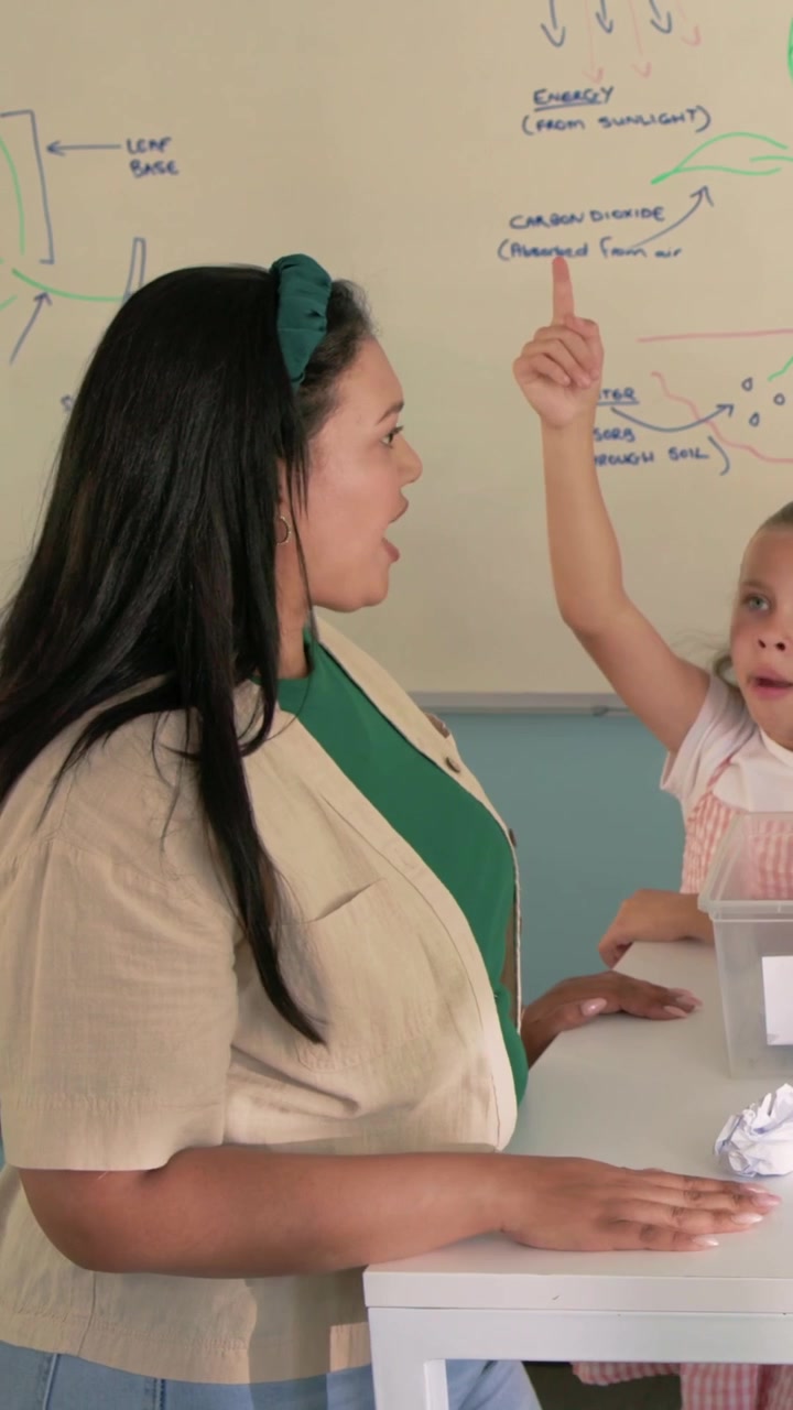 Vertical video: Starting class teacher in green showing plants at table with paper balls, bin