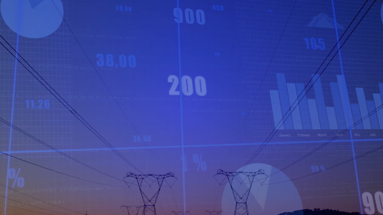Silhouetted power towers rising against twilight sky, displaying digital data charts in flat design