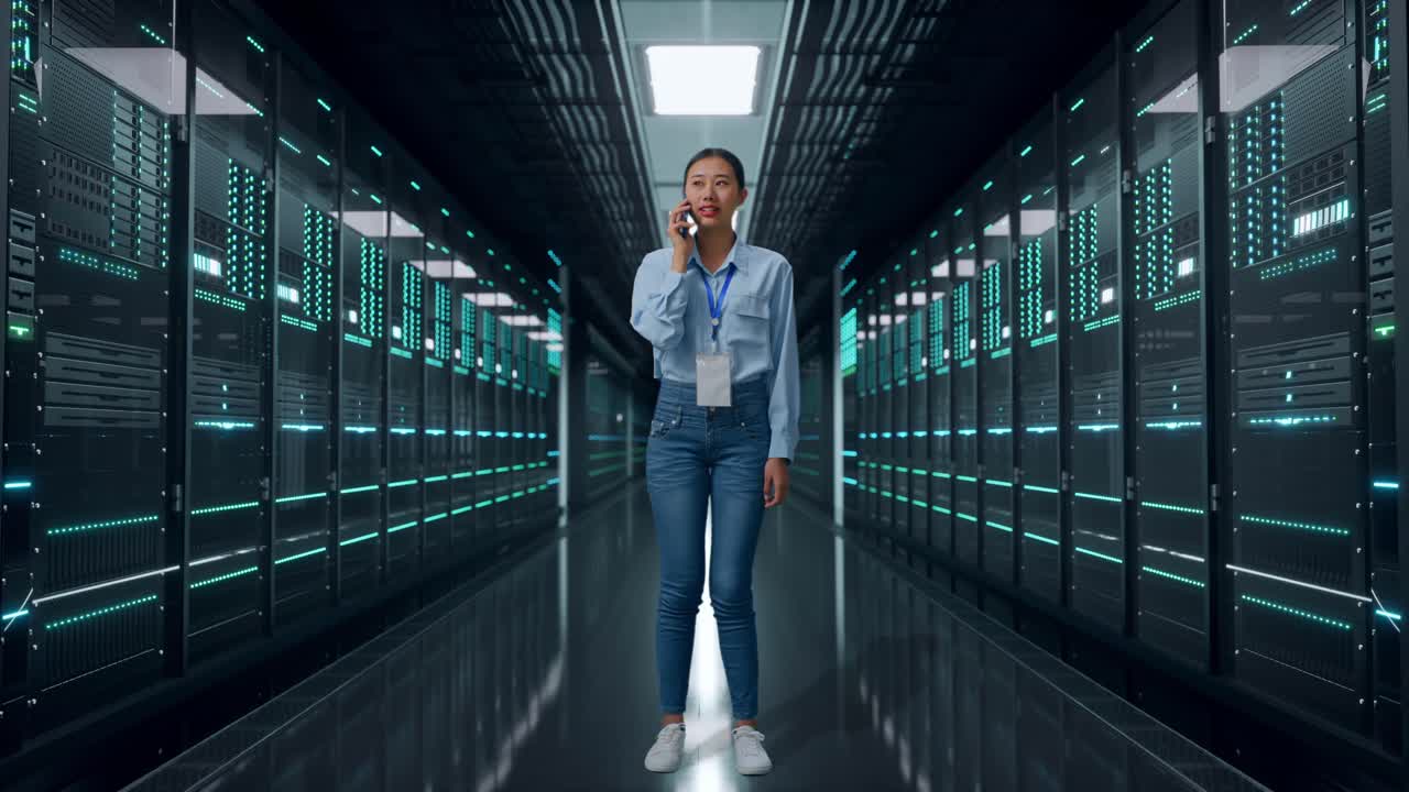 Asiatisk kvinde i fuld figur i et serverrum, hun taler i telefon med nogen.