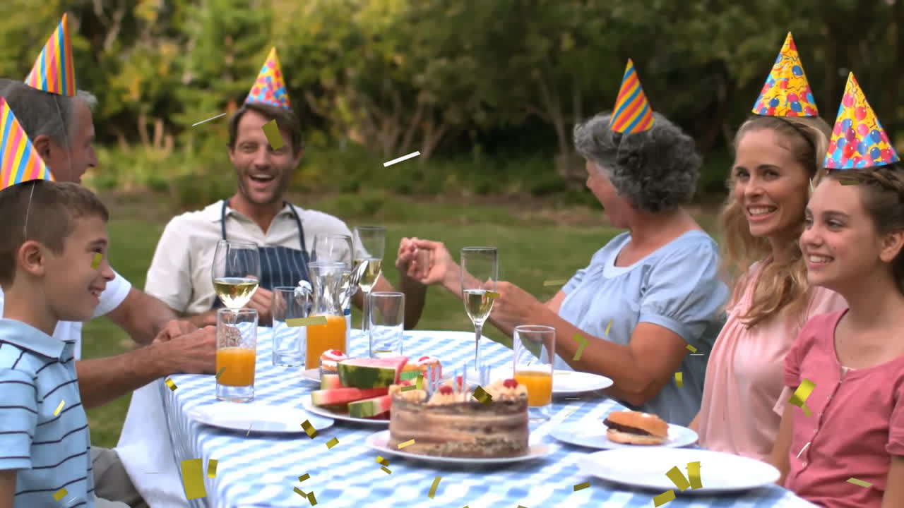 Family group celebrating in backyard, showcasing marketing with animated cake icons and confetti
