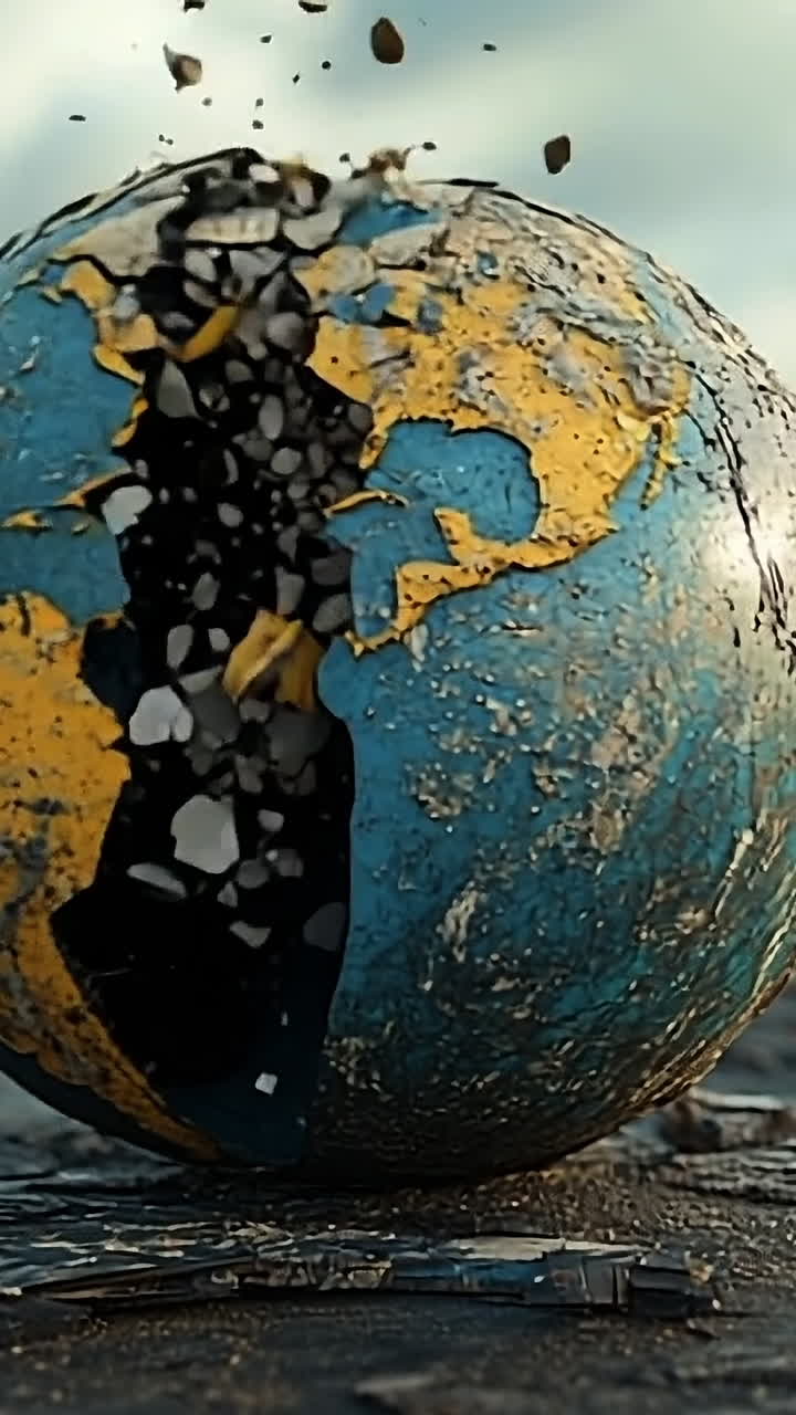 Trash-laden Earth shows decay. Trash surrounds a damaged globe with a focus on environmental pollution and human impact in an urban area.