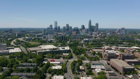 drone flies away from downtown charlotte, north carolina on hot summer day