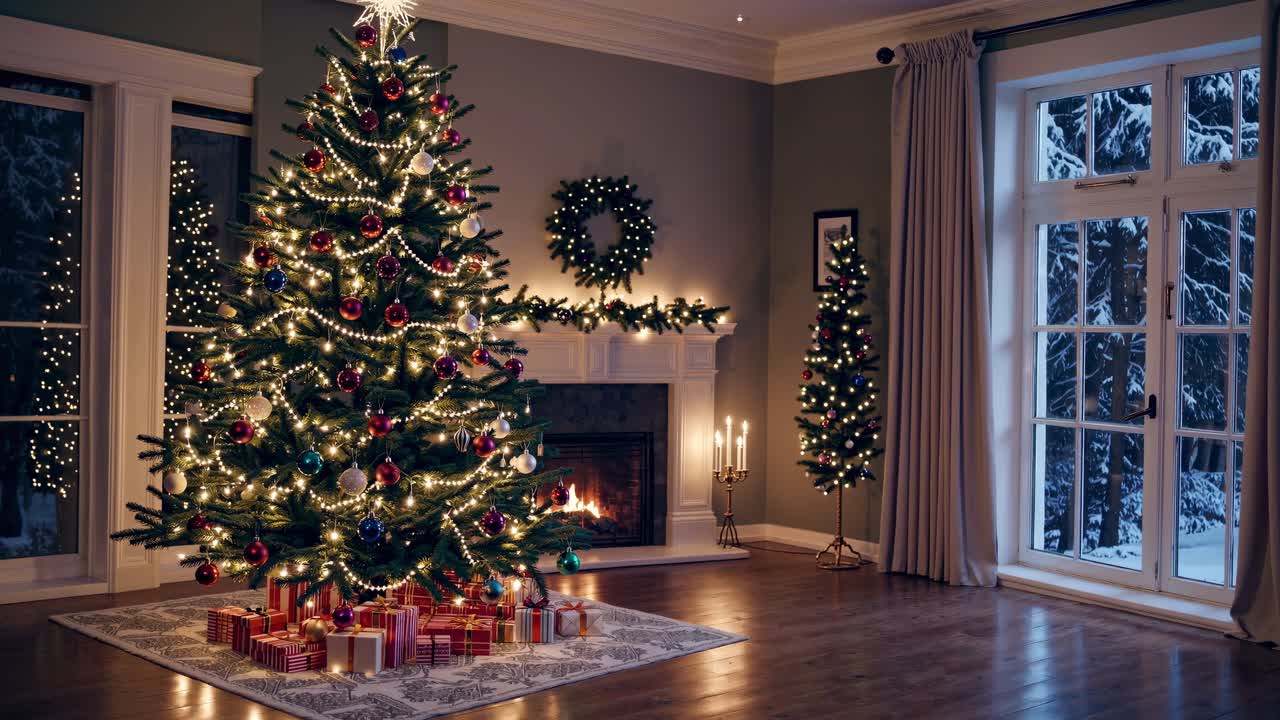 sala de estar cálidamente iluminada con árbol de navidad decorado, chimenea en llamas, regalos envueltos y paisaje nevado a través de la ventana, encarnando el espíritu festivo de las vacaciones