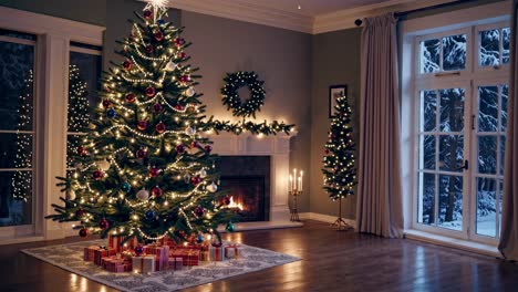warmly illuminated living room featuring decorated christmas tree, burning fireplace, wrapped presents, and snowy landscape through window, embodying festive holiday spirit