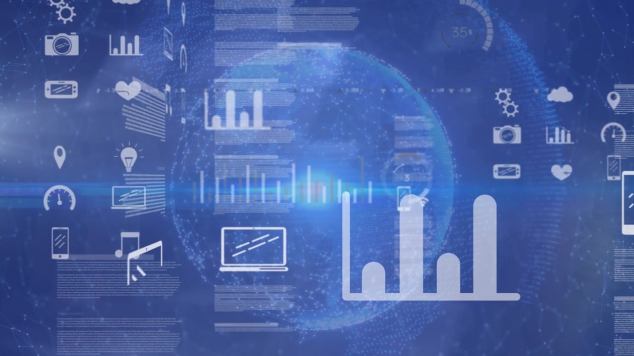 Animation of data processing with icons over globe on blue background