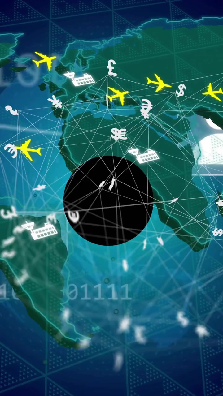 Global transportation and currency exchange animation over world map with airplanes and ships