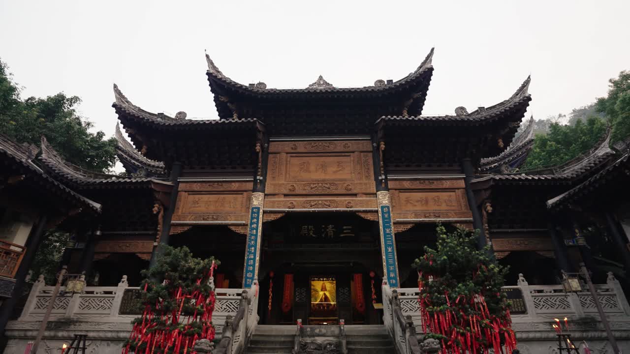 Ornate Luohan Temple facade in Chongqing China symmetrical front view