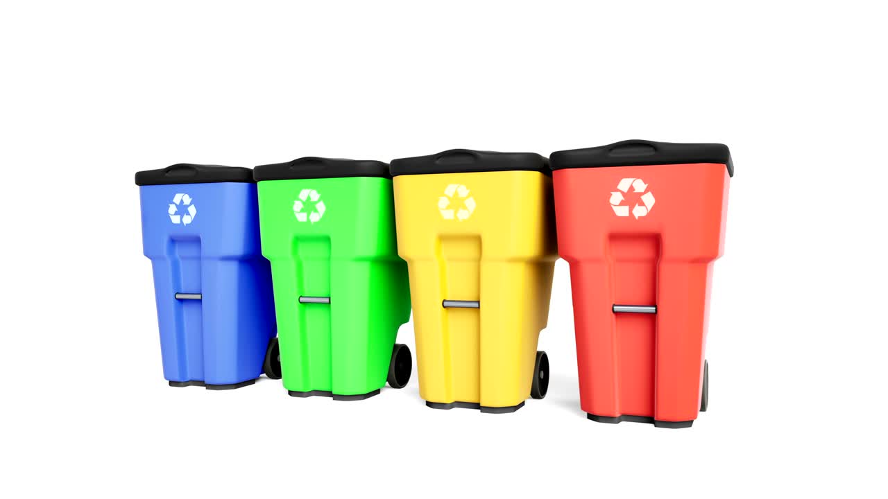 Four colorful plastic garbage bins with recycling logo. Camera slides near trash cans, zoom to object. 60 Fps animation.