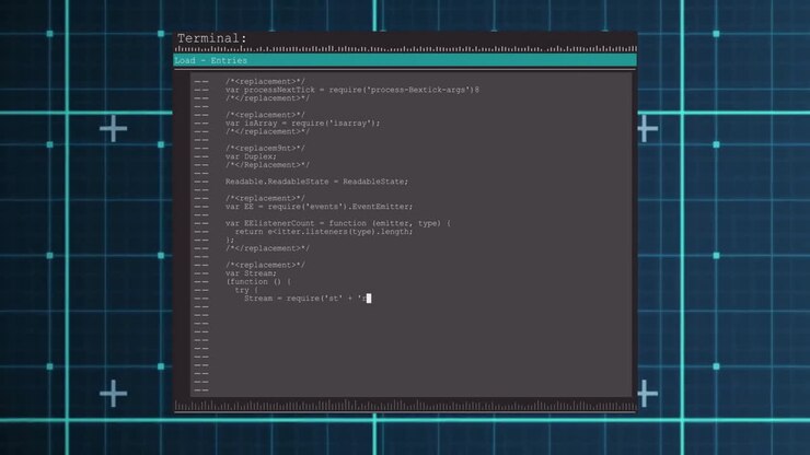 Animation of digital data processing over screen on dark background