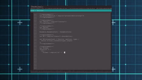 animation of digital data processing over screen on dark background