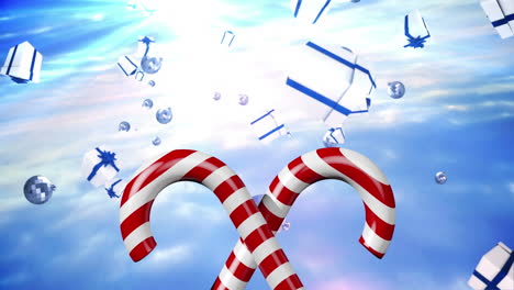 animation of falling gifts over candy canes on blue sky