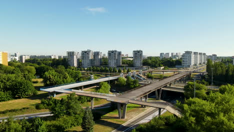 Aerial-view-showing-residential-area-with-block-complex-in-Zaspa-District-in-Gdansk-during-sunny-day-with-blue-sky