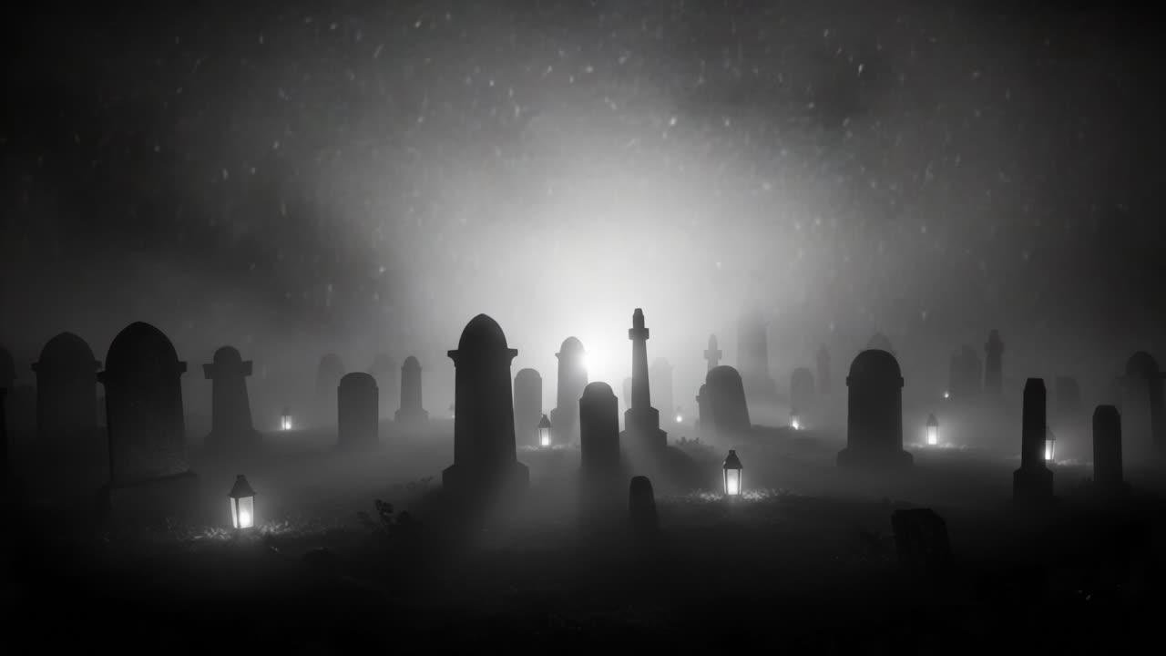 An Enigmatic Graveyard Awash in Darkness and Fog, Illuminated by Soft Lantern Lights, Evoking Mystery and Reflection in a Haunting Atmosphere of the Unknown