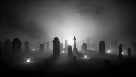 an enigmatic graveyard awash in darkness and fog, illuminated by soft lantern lights, evoking mystery and reflection in a haunting atmosphere of the unknown