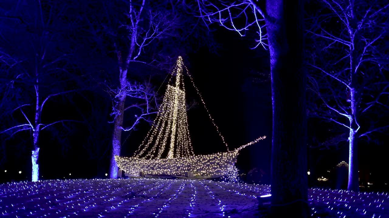 Static shot of boat made of led lights.